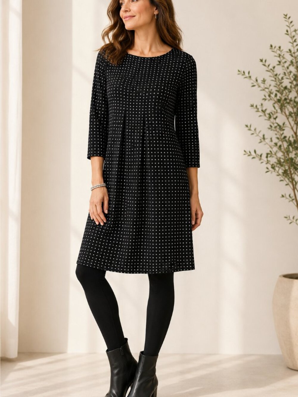J. Jill Wearever Black Dot Print Center Pleat Knit Tunic Dress Small